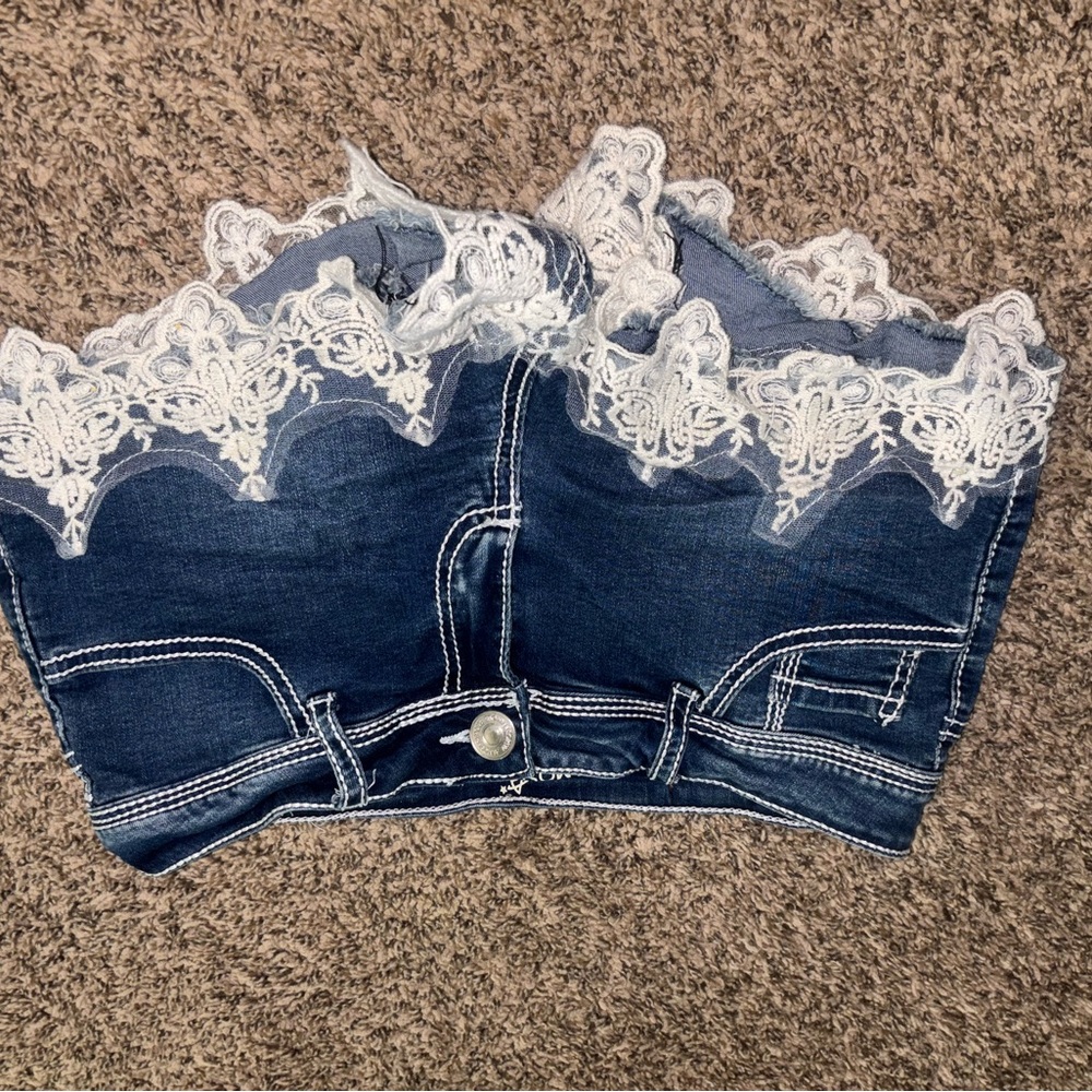 Almost Famous Blue and White Lace Trim Jeans